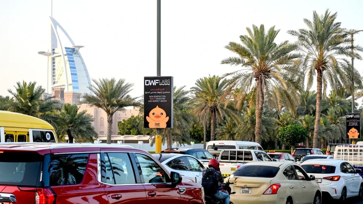 Lamppost banner advertising on a city street